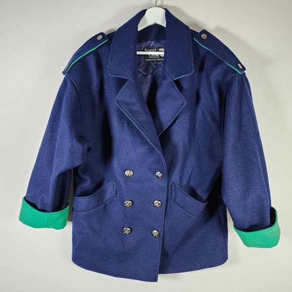Vtg Wool Jacket Womens 9 10 Pea Coat Navy Kelly Green‎ Double Breasted 80s Y2K - Picture 12 of 16